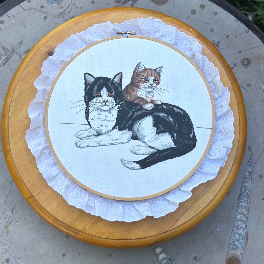 Vintage Cat Cross Stitch Hoop Art Large White Lace Ruffle Tuxedo Kitten Handmade